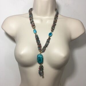 Vintage long beaded scarib beetle necklace blue